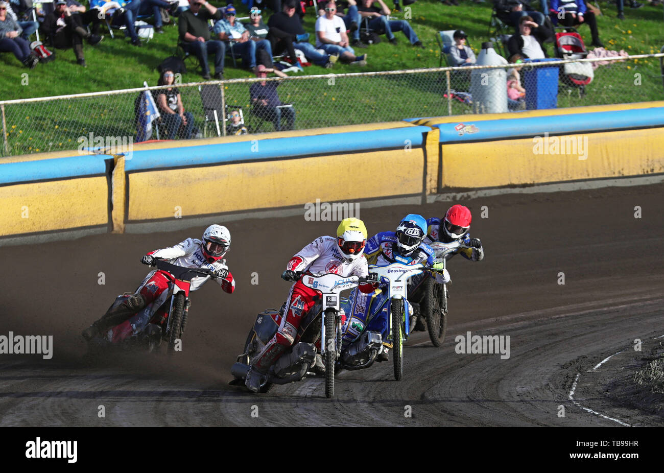 MOTALA 20190523 Speedway i Elitserien mellan Piraterna-Rospiggarna på Probaco arena. Foto Jeppe Gustafsson Stock Photo