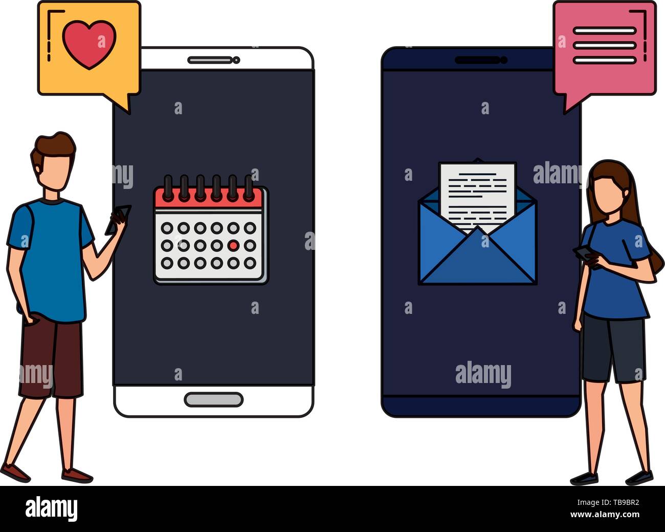young couple with smartphones and social media icons Stock Vector Image ...