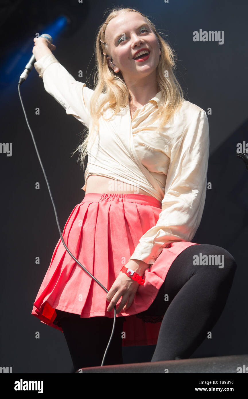 London, UK. Lead singer Rakel Mjšll of Dream Wife performing live on stage  during the All Points East Festival at Victoria Park in London. 25th May  2019. Ref:LMK370-2481-260519 Justin Ng/Landmark Media WWW.LMKMEDIA.COM