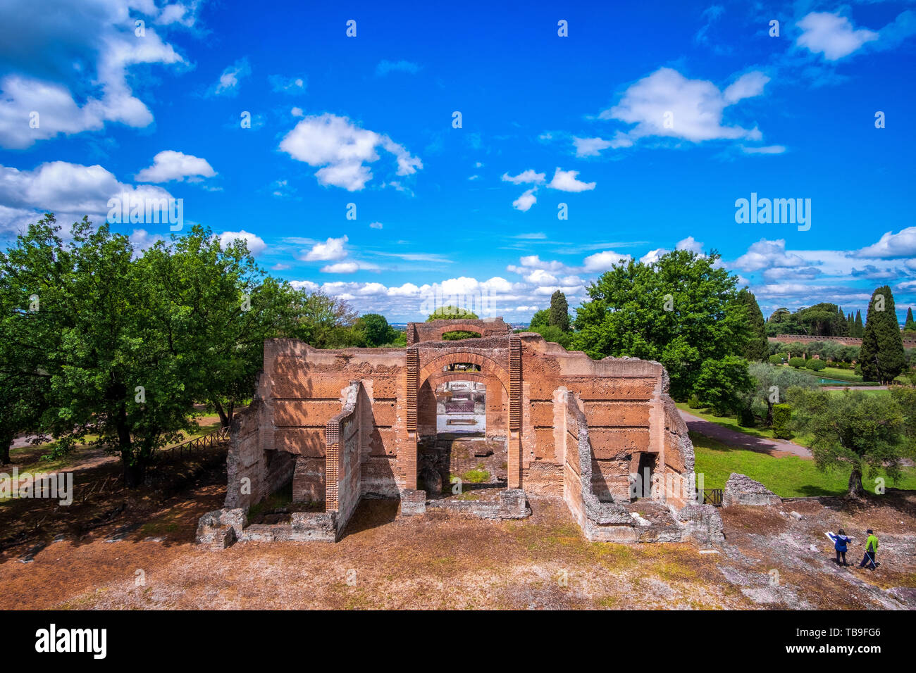 Tivoli - Villa Adriana cultural Rome tour- archaeological landmark in Italy aerial view of the Three Exedras building . Stock Photo