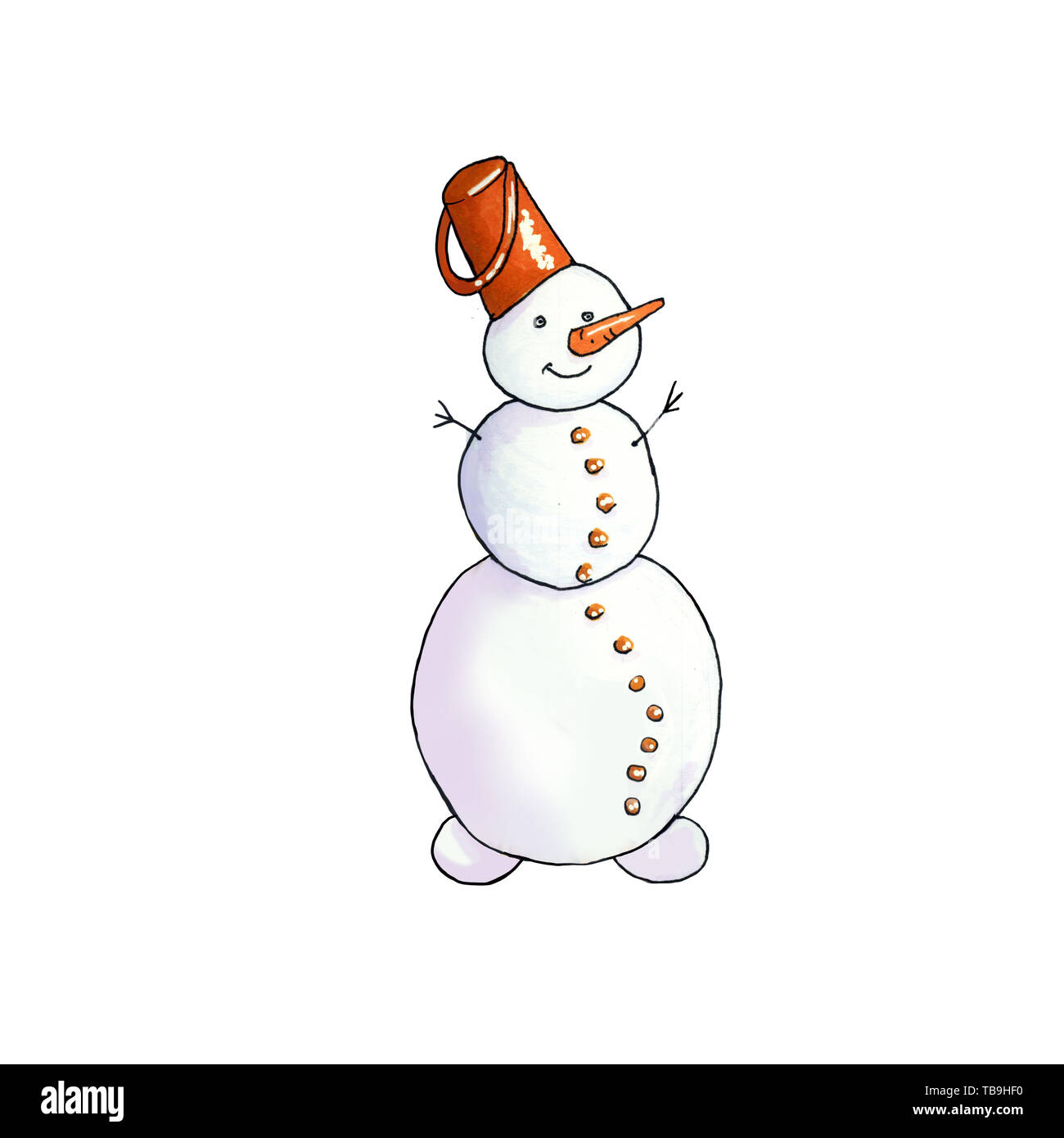 Snowman hand drawn  illustration. Christmas, New Year decoration. Snowman with bucket on head, carrot isolated design element. Cheerful winter holiday greeting card, poster, color clipart Stock Photo