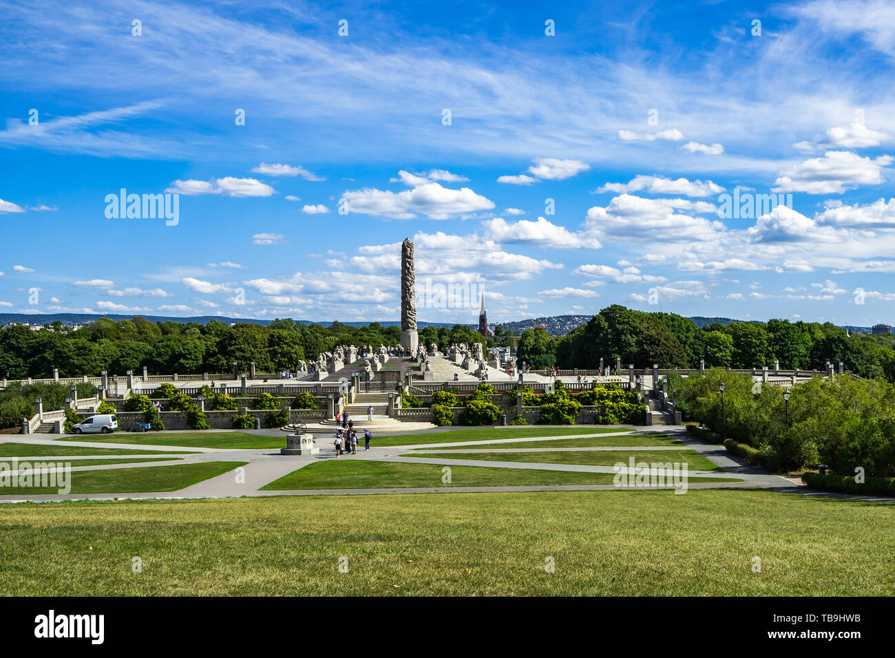 Panorama of Frogner Park with the most popular attraction, the Monolith designed by Gustav Vigeland, Oslo, Norway Stock Photo