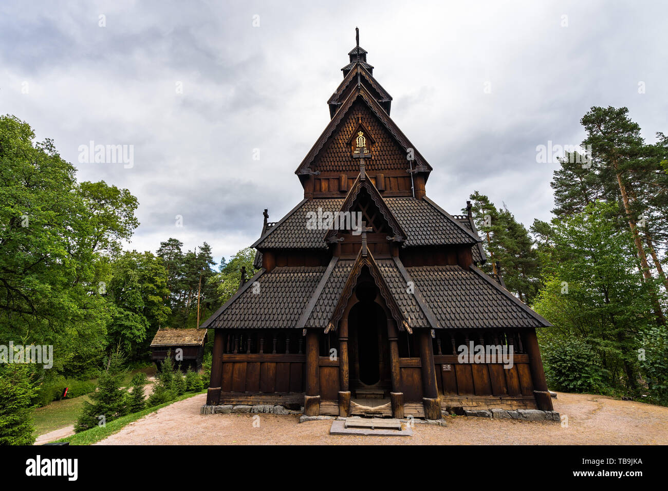 Facade of Gol Stave Church (Gol Stavkyrkje)  a typical Norwegian church at  Norwegian Museum of Cultural History, Oslo, Norway Stock Photo
