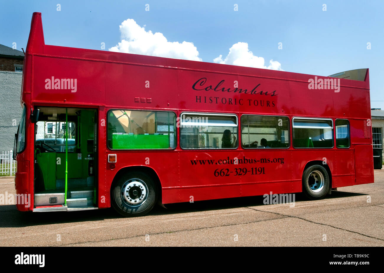 An authentic British, double-decker tour bus sits outside the Tennessee Williams Welcome Center in Columbus, Mississippi, April 17, 2010. Stock Photo