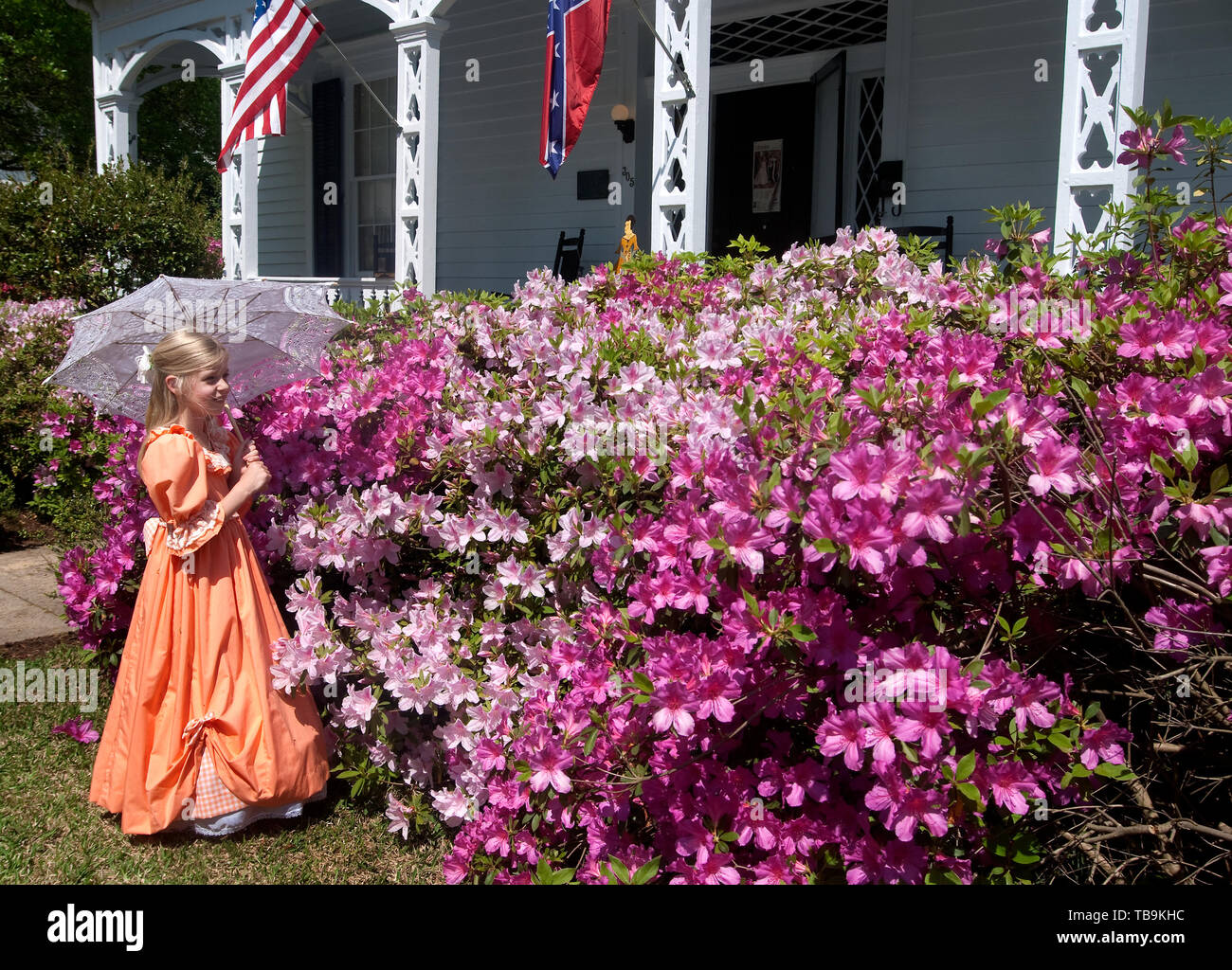 A girl carrying a parasol walks past the azaleas in front of the Amzi Love Home in Columbus, Mississippi, April 17, 2010. Stock Photo
