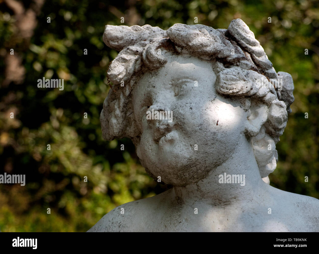 A concrete cherub watches over the gardens of Rosewood Manor, also known as the Sykes-Leigh House, April 16, 2010, in Columbus, Mississippi. Stock Photo