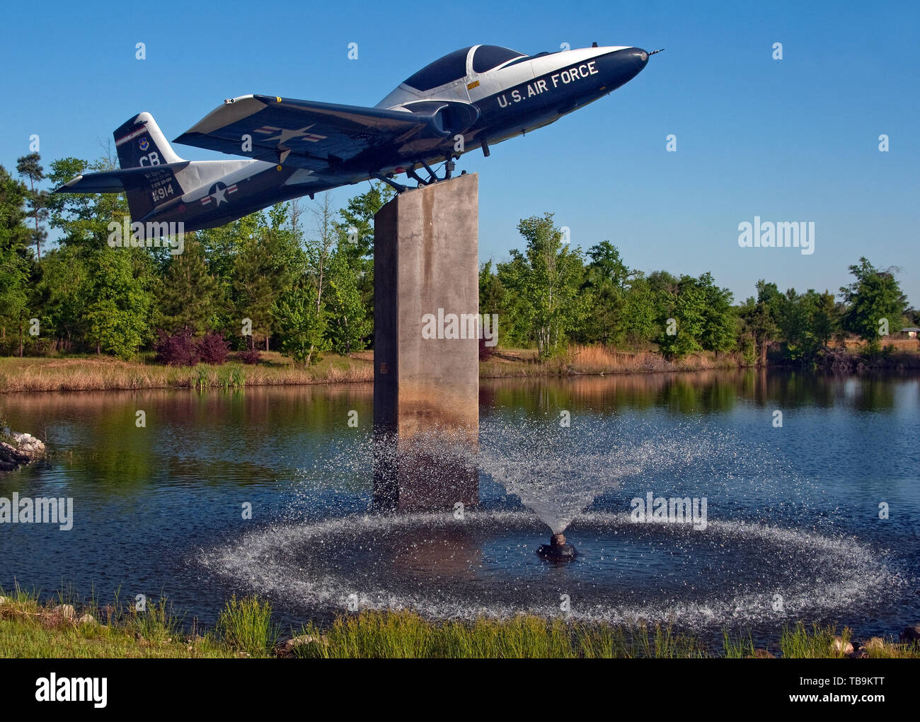 A Cessna T-37 Tweet is part of the static display at the Hwy. 45 entrance to Columbus Air Force Base in Columbus, Mississippi. Stock Photo