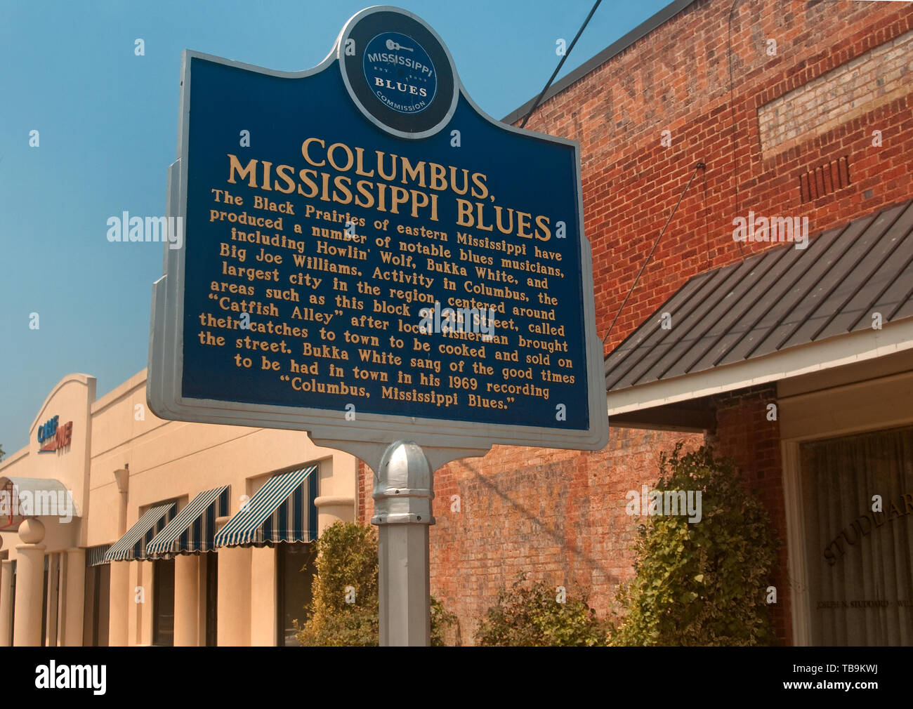 A historic marker introduces visitors to Catfish Alley, Aug. 16, 2010, in Columbus, Mississippi. Stock Photo