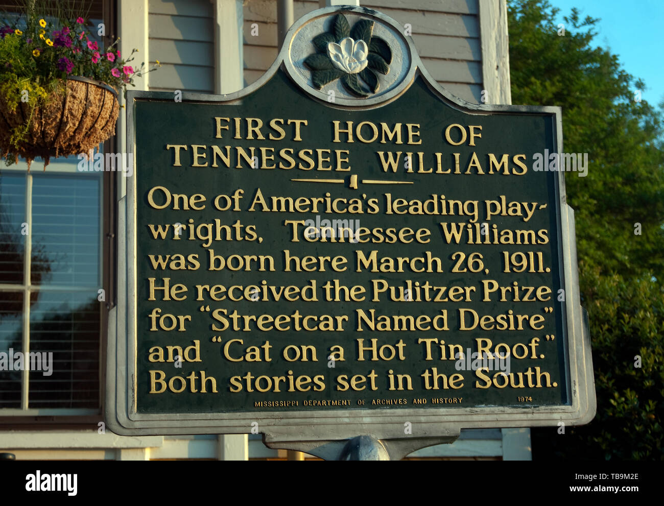 A historic marker stands outside the Tennessee Williams Welcome Center in Columbus, Mississippi. Stock Photo