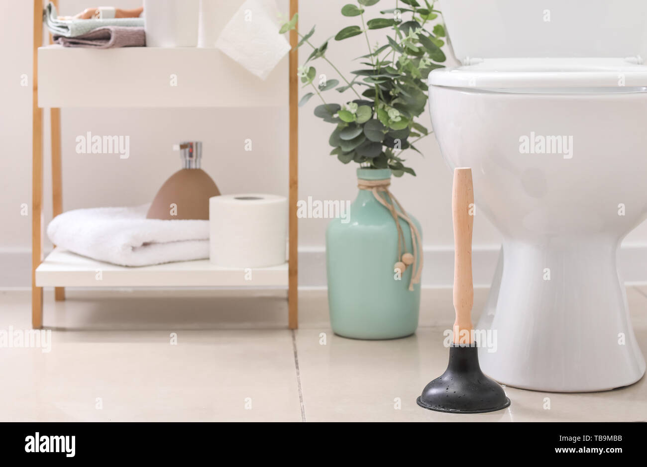 Plunger near toilet bowl in bathroom Stock Photo Alamy