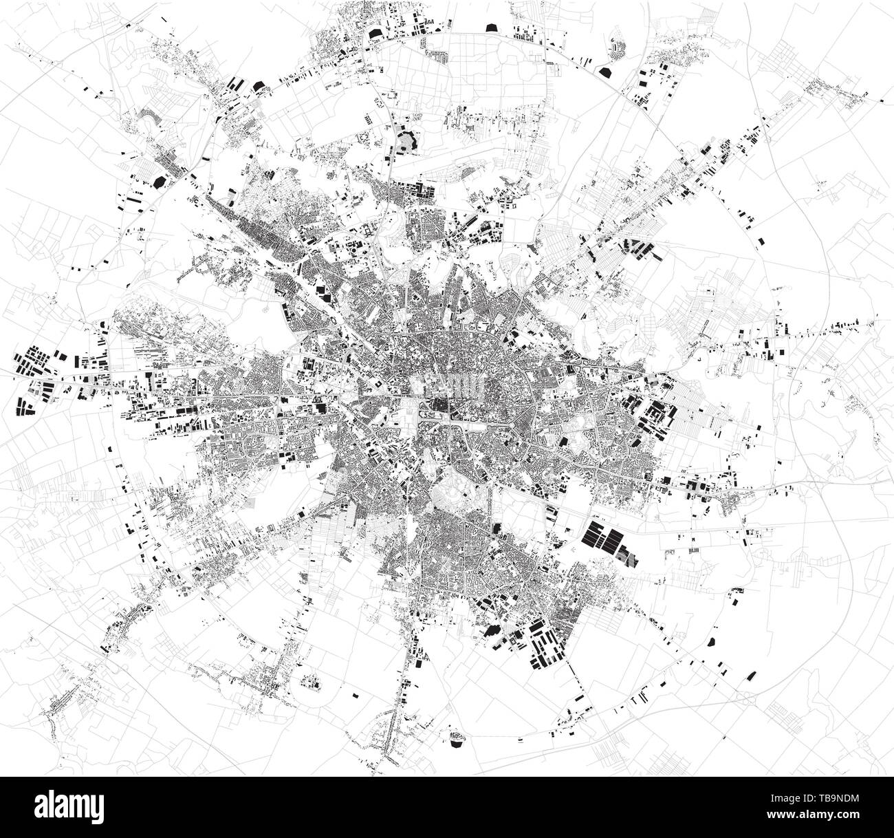 Satellite map of Bucharest, it is the capital city of Romania. Map of streets and buildings of the town center. Europe Stock Vector