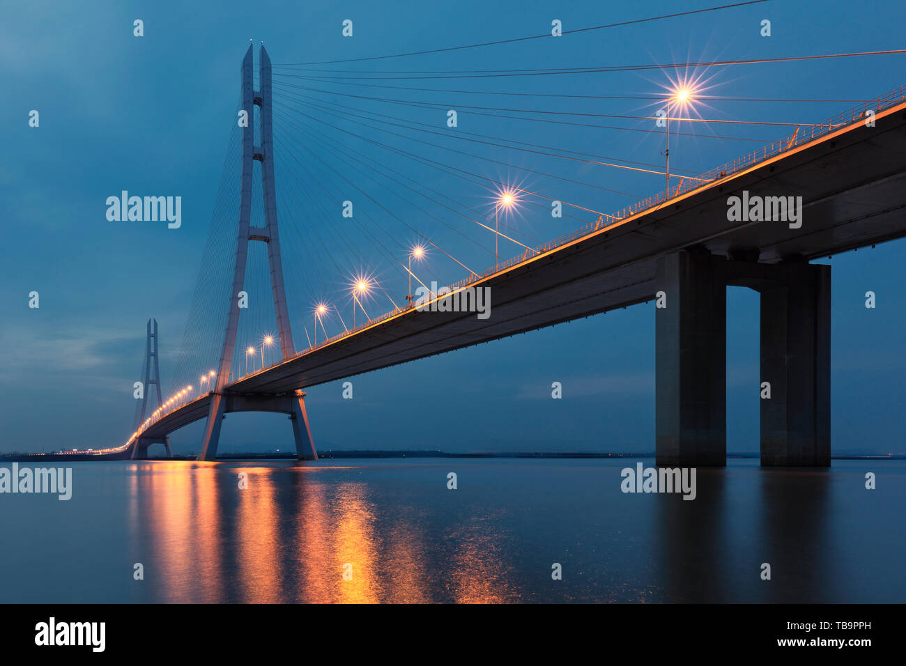 Night Scenes of Three Bridges of the Yangtze River in Nanjing in the Spring Stock Photo