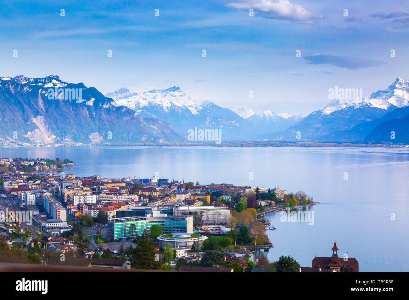 Panorama of Montreux city, Lake Geneva and amazing mountains in Switzerland Stock Photo