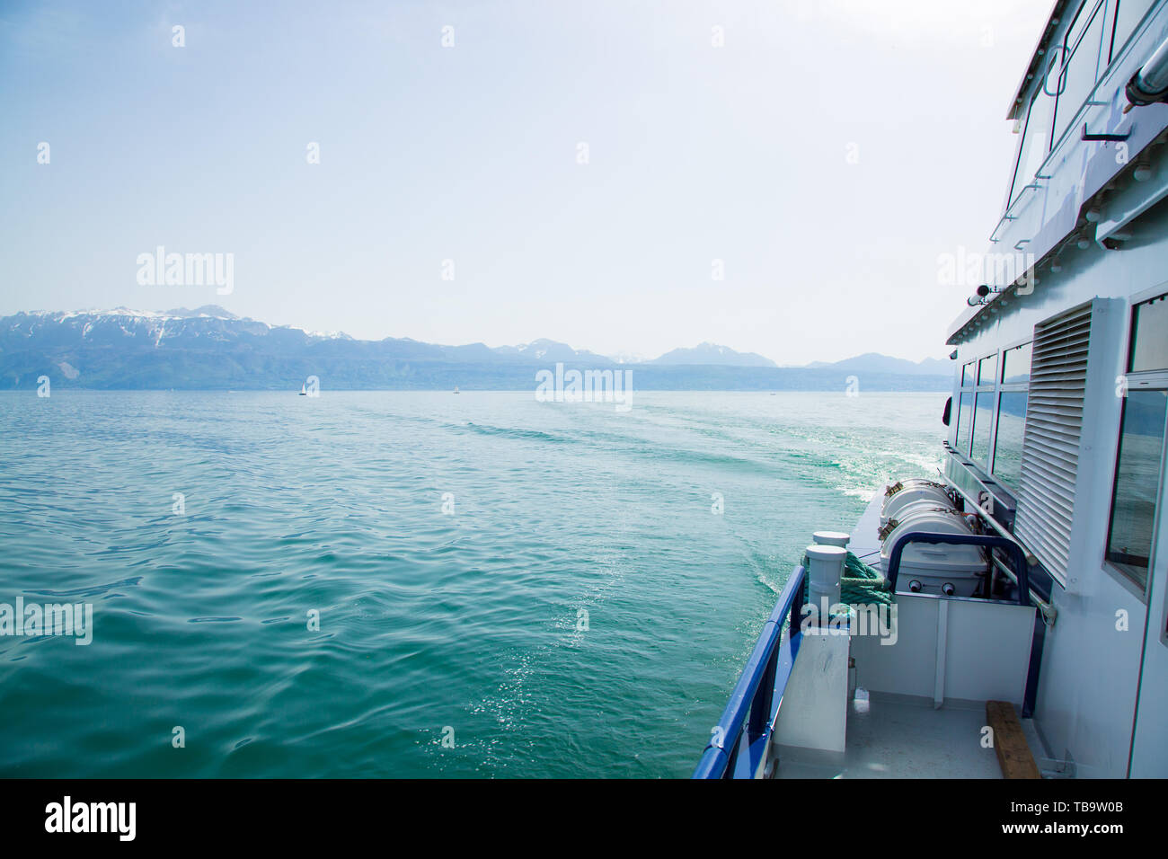 View of Lake Geneva taken from ferry boat in Switzerland Stock Photo