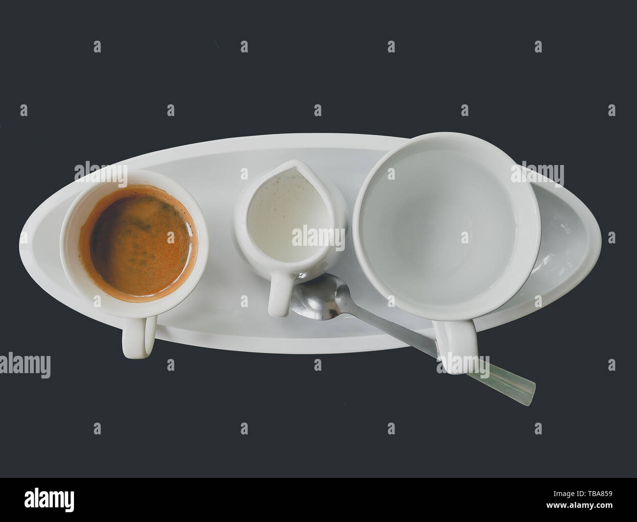 Set of hot espresso coffee include milk sugar tea and sugar on table background Stock Photo