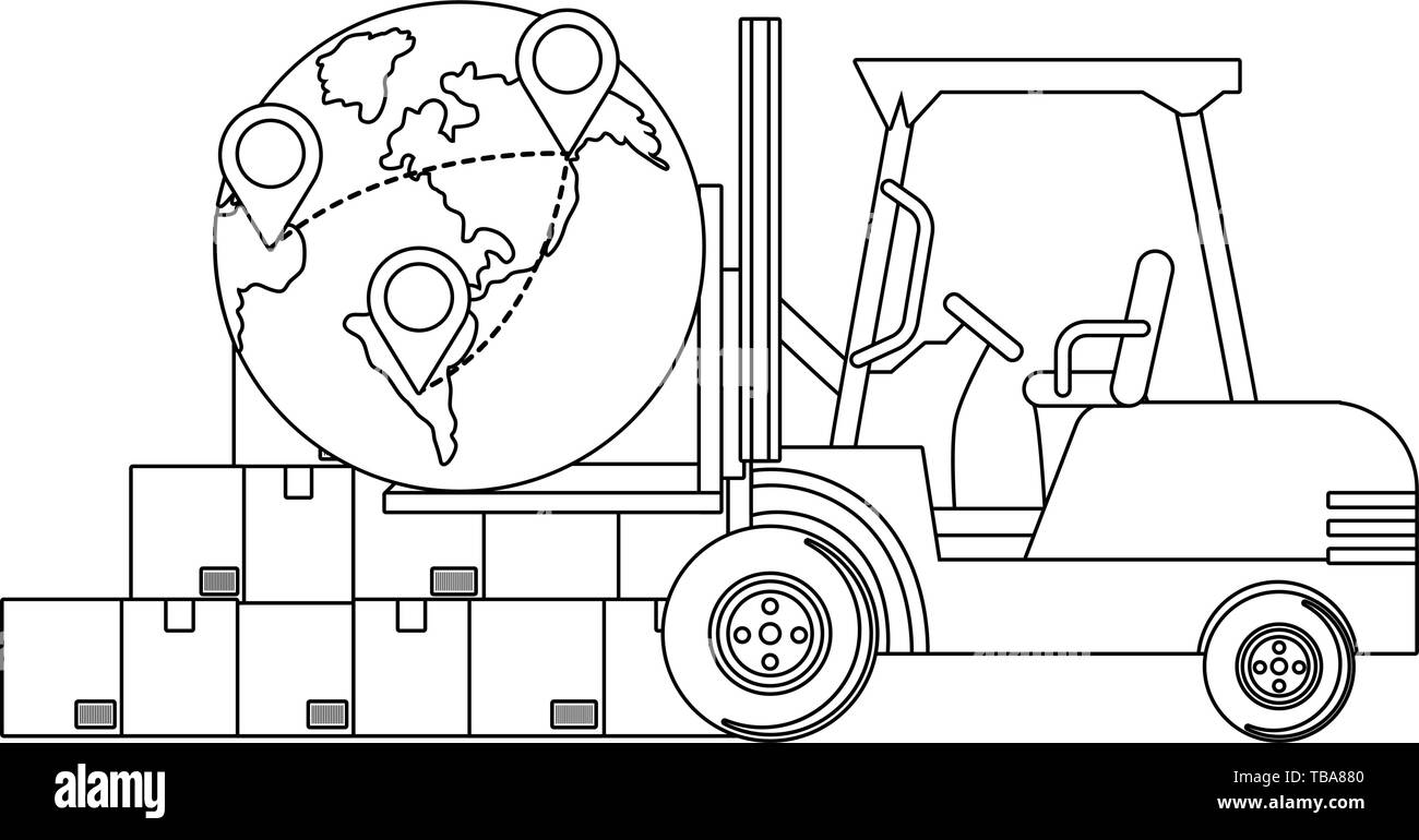 lift truck and globe with location pointer and boxes vector illustration graphic design Stock Vector