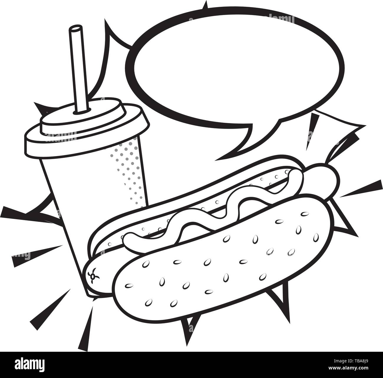 hot dog with soda paper cup and speech bubble pop art black and white