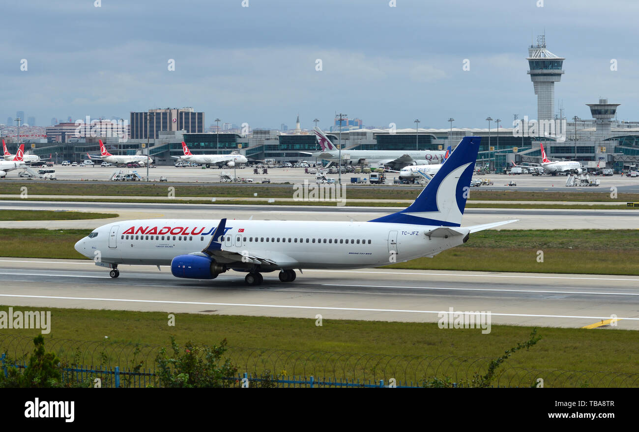 Istanbul, Turkey - Sep 30, 2018. TC-JFZ Anadolu Jet Boeing 737-800 taxiing on runway of Istanbul Ataturk Airport (IST). Stock Photo