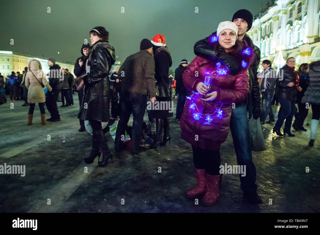 St. Petersburg, Russia - January 1, 2013: Celebration of the new year at the Palace Square. Dvortsovaya Ploshchad Stock Photo