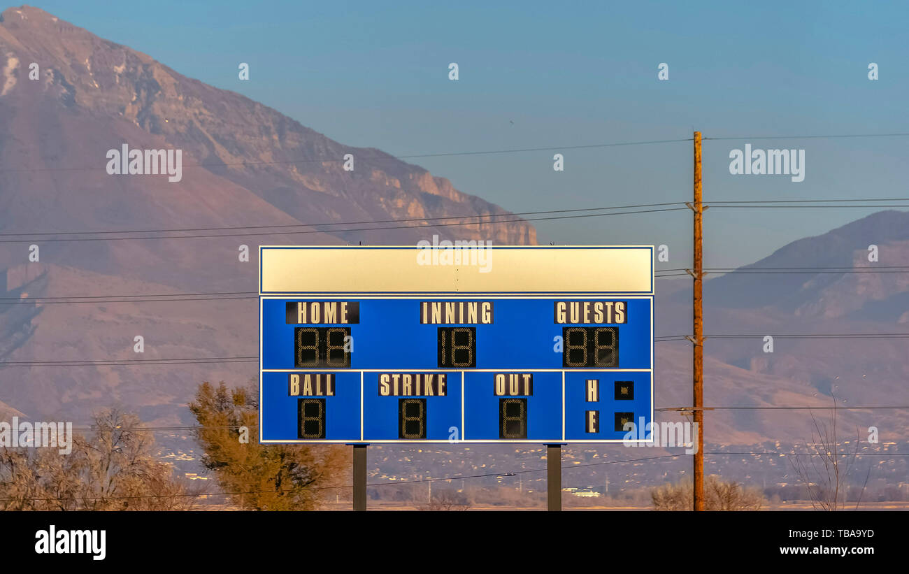 frame Panorama frame Blue and white electronic baseball scoreboard at a