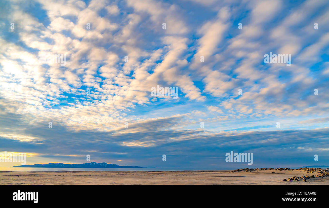 Panorama Boundless blue sky with gray and white clouds over a vast ...