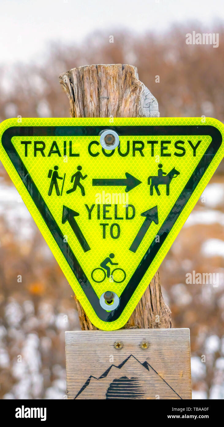 Vertical frame Inverted triangle Trail Courtesy Yield To sign with graphics and arrows Stock Photo