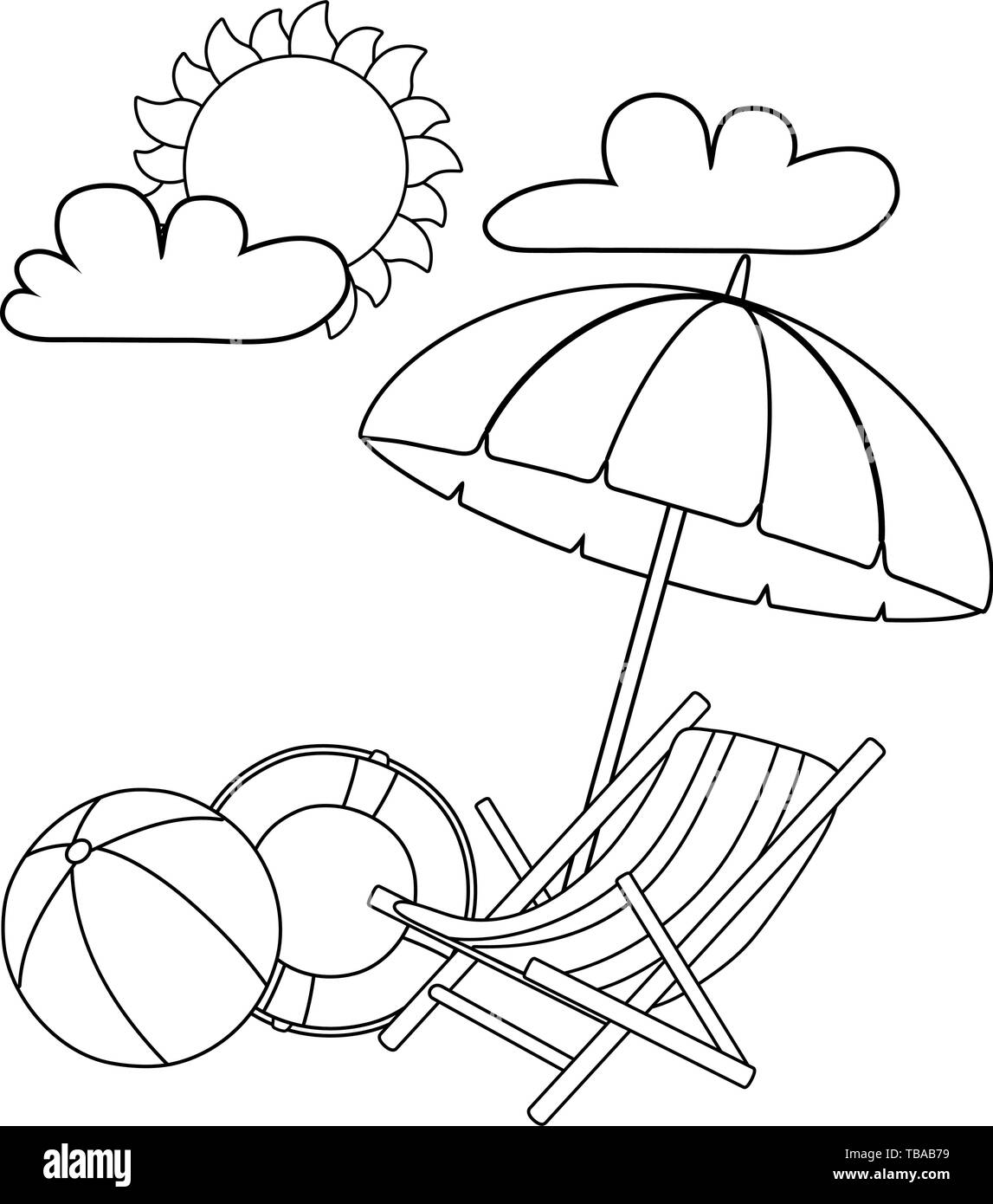 Summer Time With Beach Chair Umbrella Lifebuoy Beach Ballcartoon Flay Style Vector Illustration Editable Design In Black And White Stock Vector Image Art Alamy