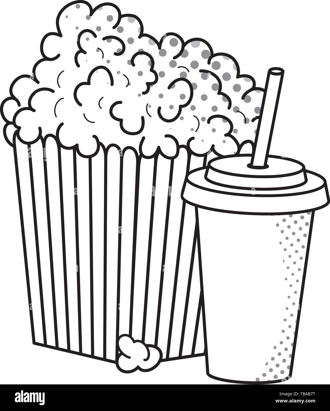 pop corn and soda paper cup and straw black and white vector
