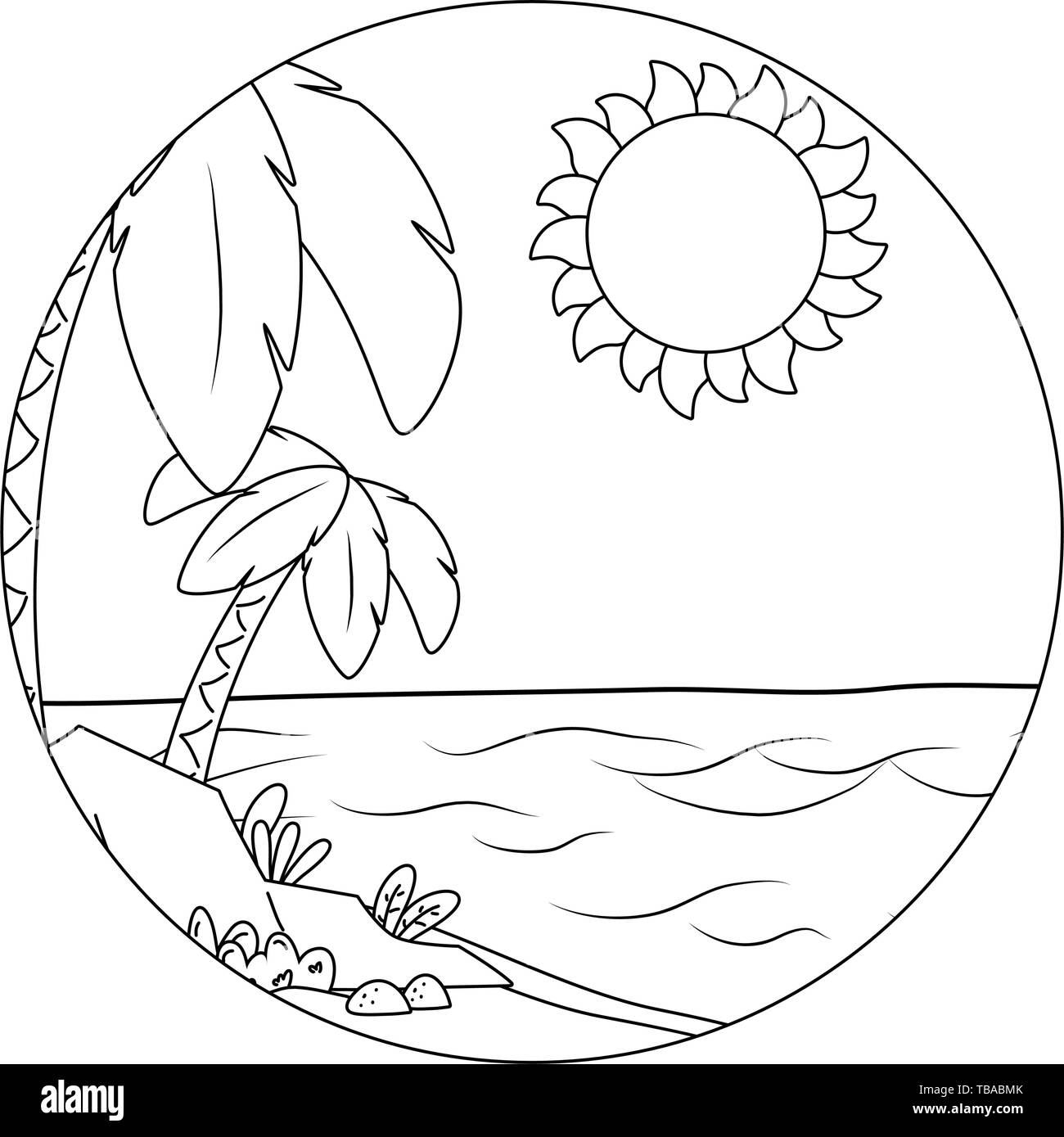 beach with palms sun and rocks cartoon summer and travel vector  illustration editable design in black and white Stock Vector Image & Art -  Alamy