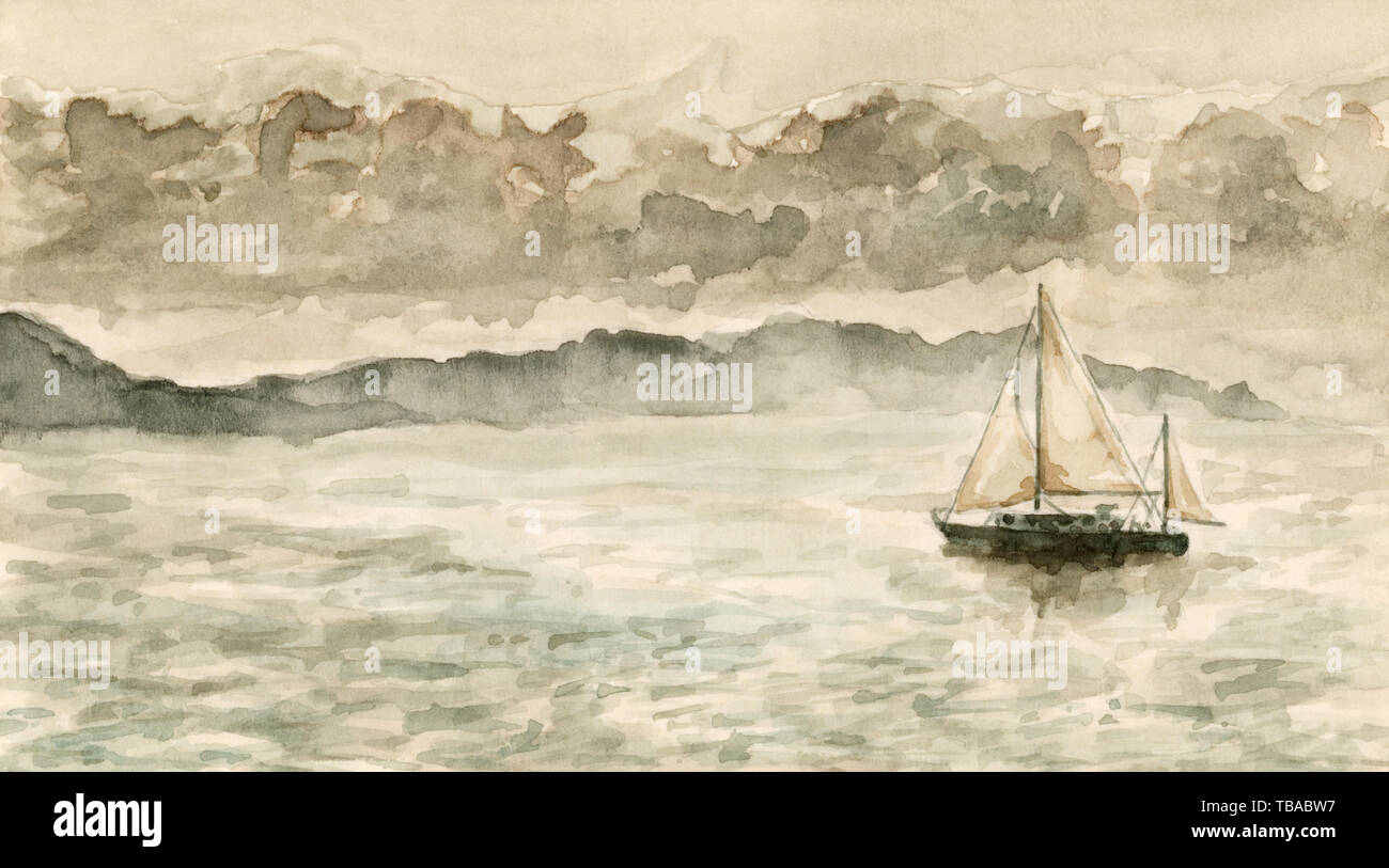 Seascape with sailboat. Watercolor (miniature) on cardboard. Stock Photo