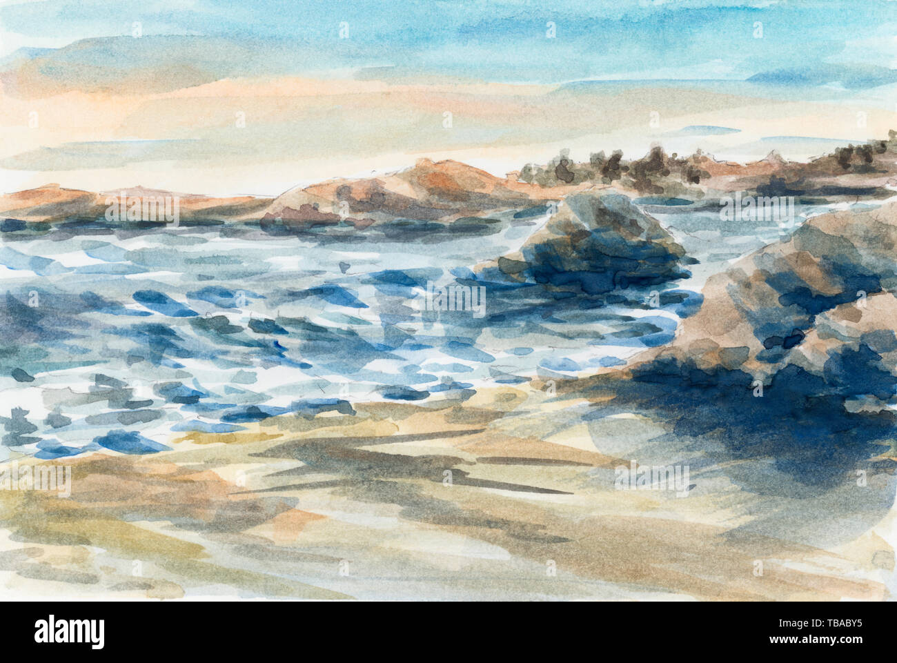 Sea coastline with rocks on the beach. Watercolor (miniature) on coarse paper. Stock Photo