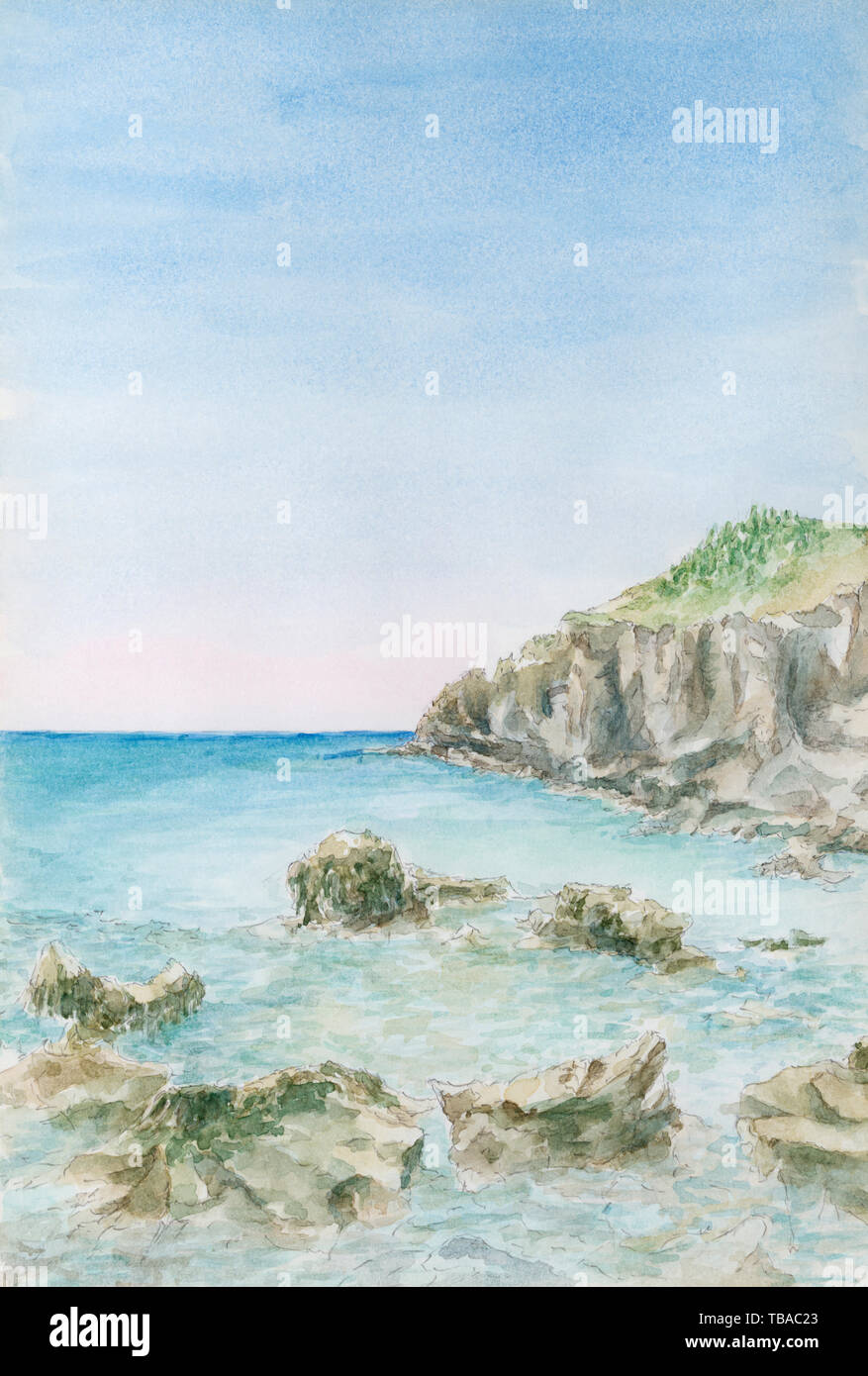 Sea coastline with rocks. Watercolor on paper. Stock Photo
