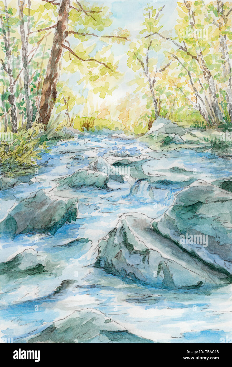 Stony river flow between trees. Watercolor on paper. Stock Photo