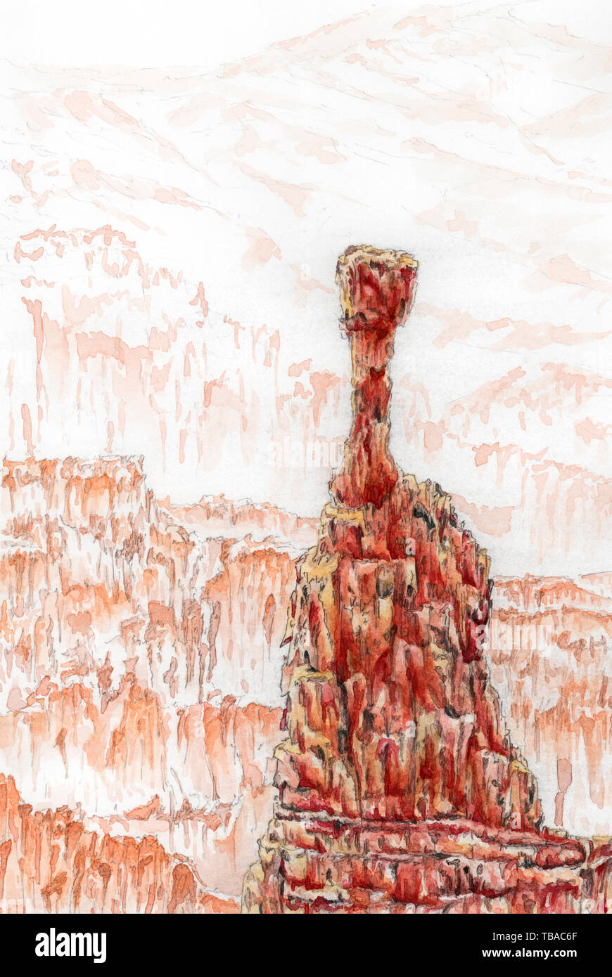 Bryce Canyon National Park, Utah, USA. Thor's Hammer. Watercolor on paper. Stock Photo