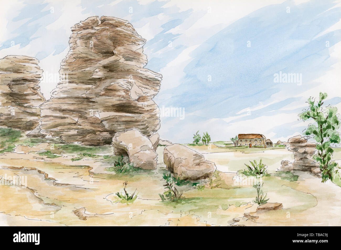 Fantasy rocks formations. Yorkshire, UK. Pencil and watercolor on paper. Stock Photo