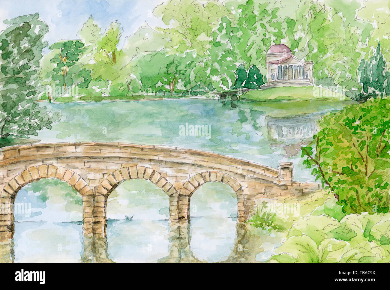 Stourhead Garden. The Palladian Bridge and Pantheon. Stourhead, UK. Pencil and watercolor on paper. Stock Photo