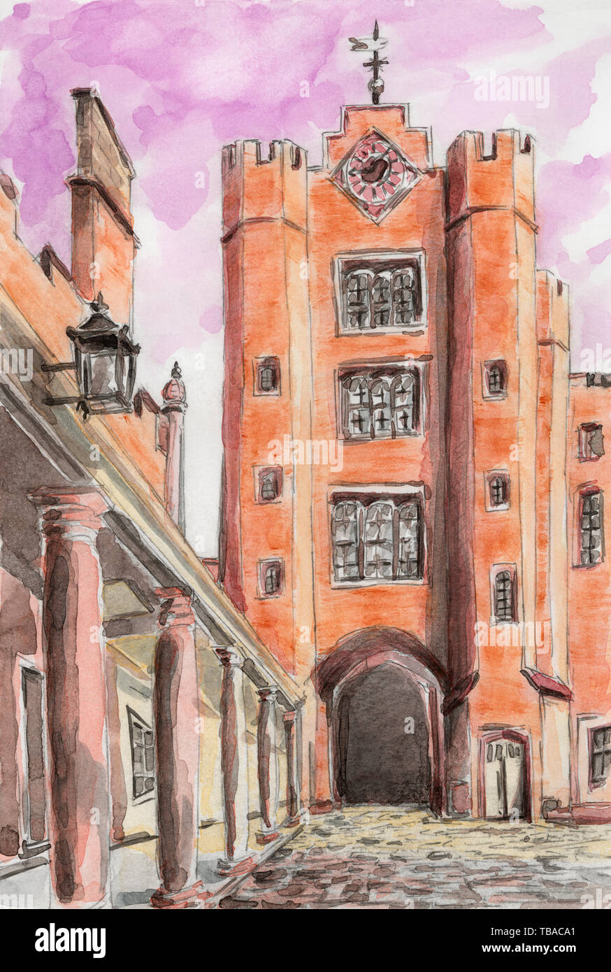 St James's Palace. London, UK. Pencil and watercolor on paper. Stock Photo