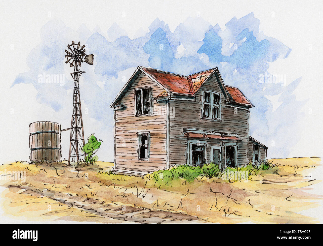 Abandoned house somewhere in USA. Loose sketch. Ink and watercolor on cardboard. Stock Photo