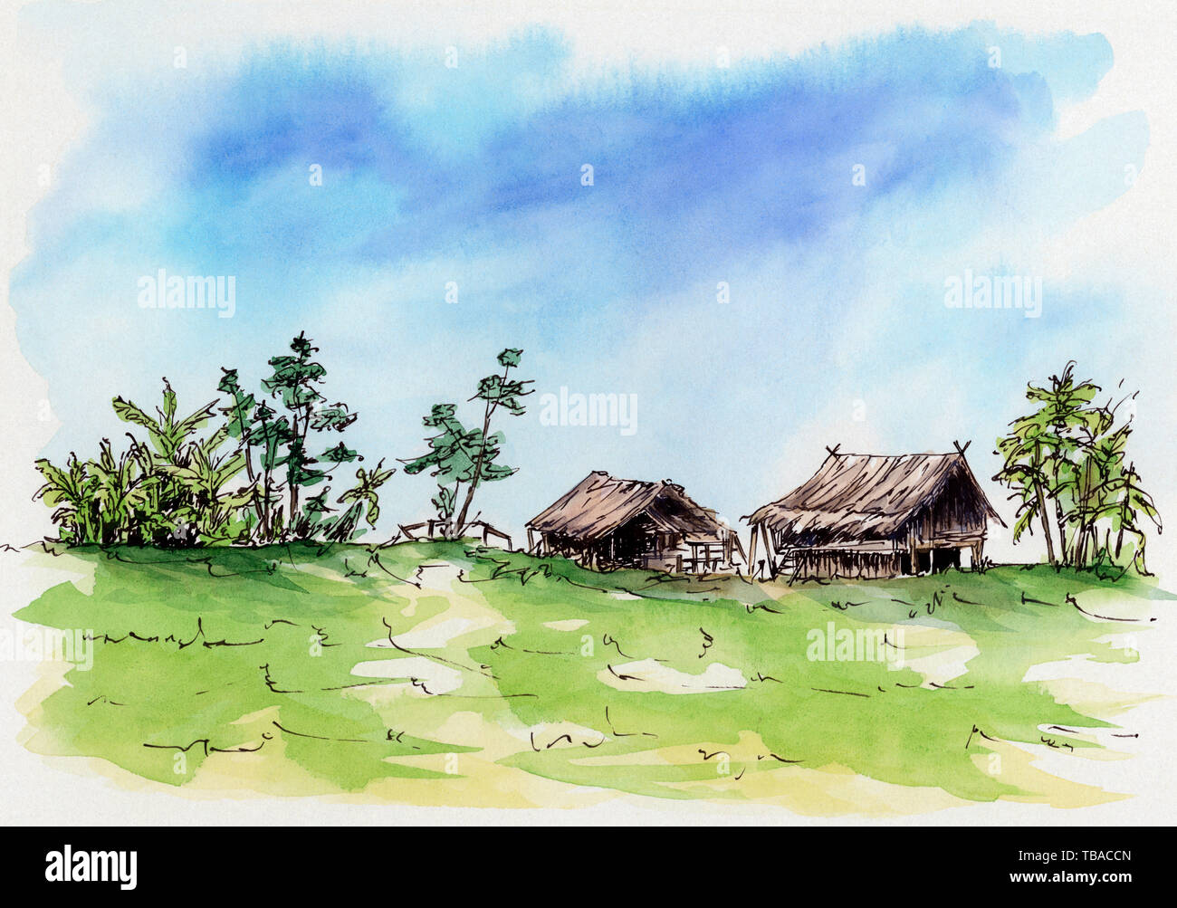 Thai village. Loose sketch. Ink and watercolor on cardboard. Stock Photo