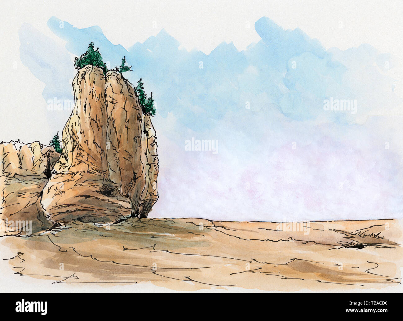 Rock formation at the Canadian Bay of Fundy. Loose sketch. Ink and watercolor on cardboard. Stock Photo