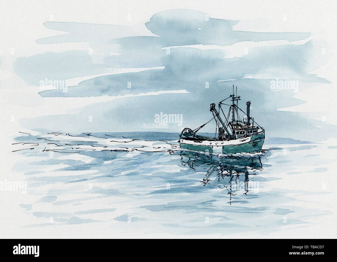 Small fishing trawler. Ink and watercolor on cardboard. Stock Photo