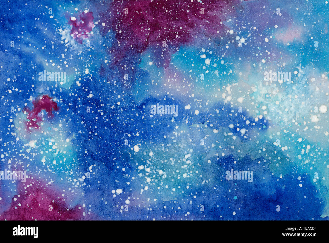 Starry night galaxy. Watercolor on cardboard. Stock Photo