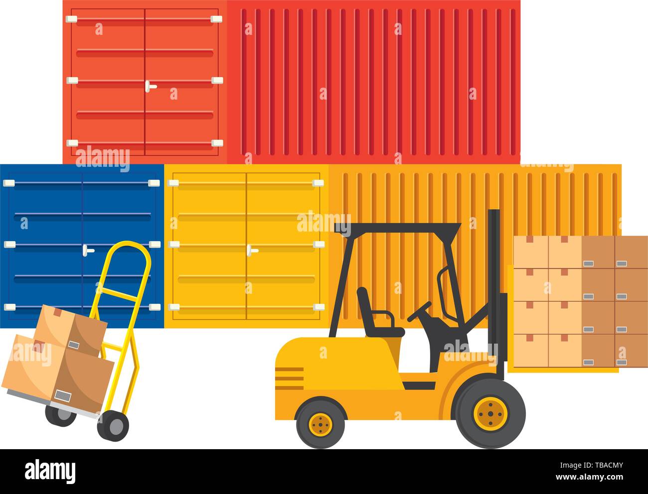 cargo containers with pushcart and lift truck with boxes vector ...