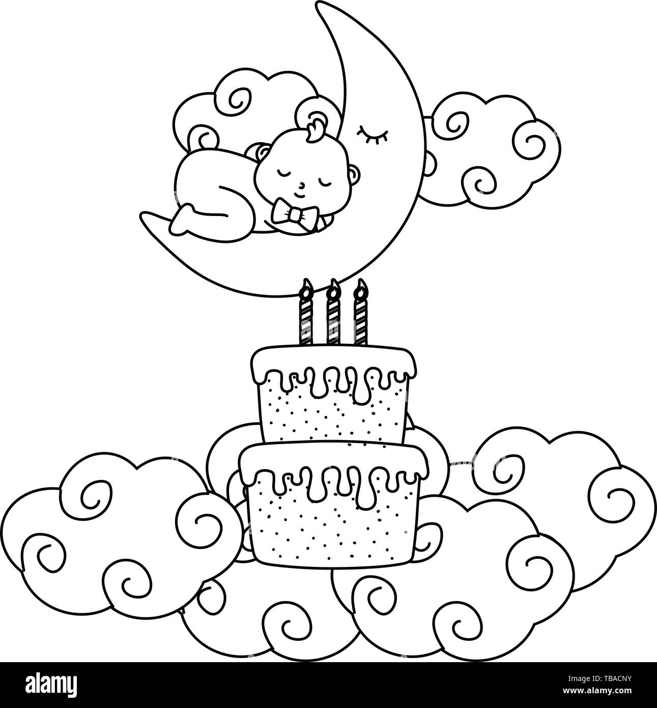 baby sleeping on the moon with cake and candles over clouds vector illustration graphic design Stock Vector
