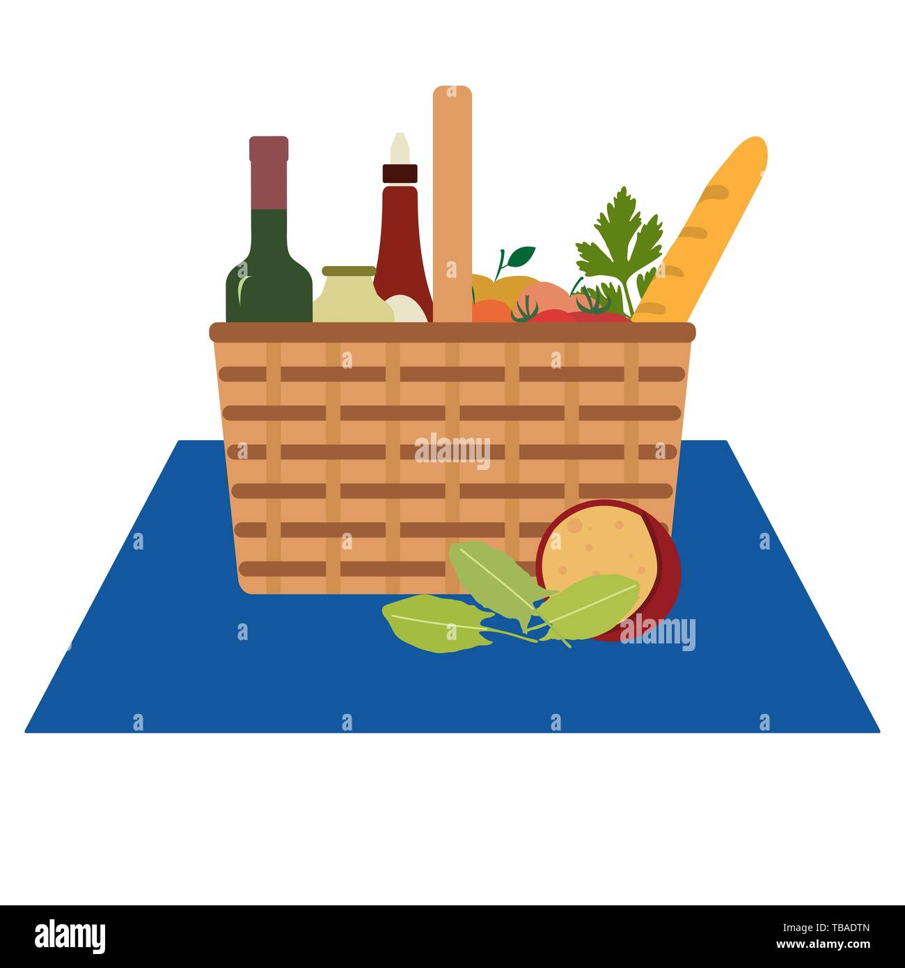 Vector illustration with wicker picnic basket with food and drink ...