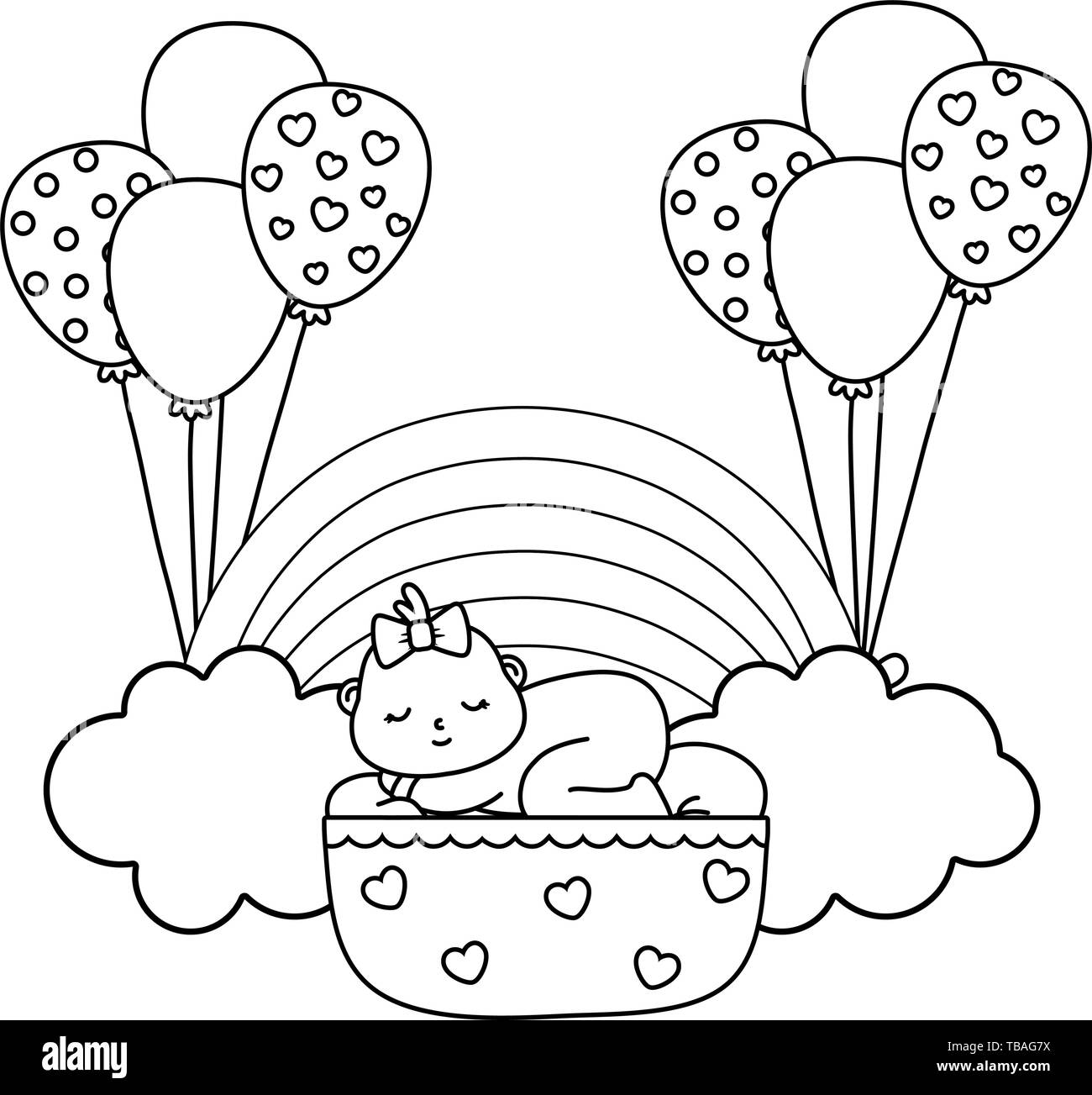 baby sleeping in a cradle hanging from balloons with clouds and rainbow vector illustration graphic design Stock Vector