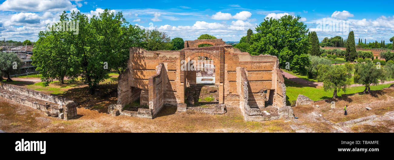 Tivoli - Villa Adriana cultural Rome tour- archaeological landmark in Italy panoramic horizontal of Three Exedras building Stock Photo