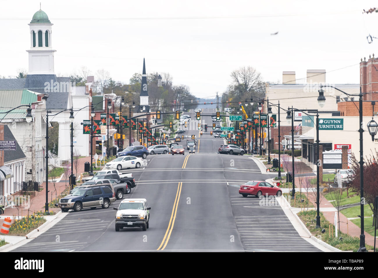 Wytheville, USA - April 19, 2018: Small town village street in southern south Virginia with historic buildings and church cityscape Stock Photo