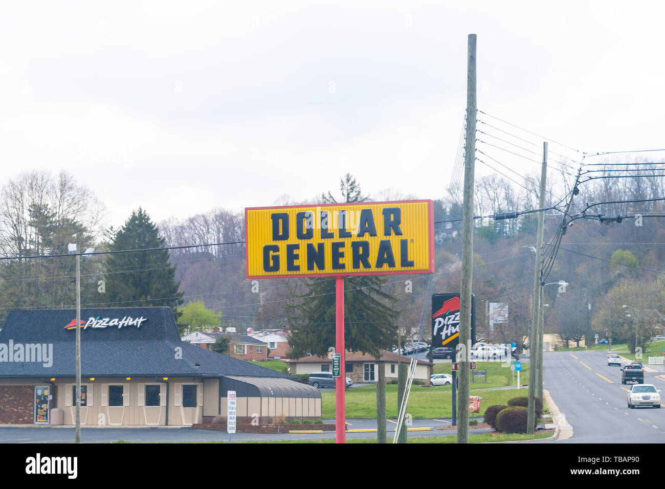 Wytheville, USA - April 19, 2018: Small town village in southern Virginia with Dollar General Store and Pizza Hut Stock Photo