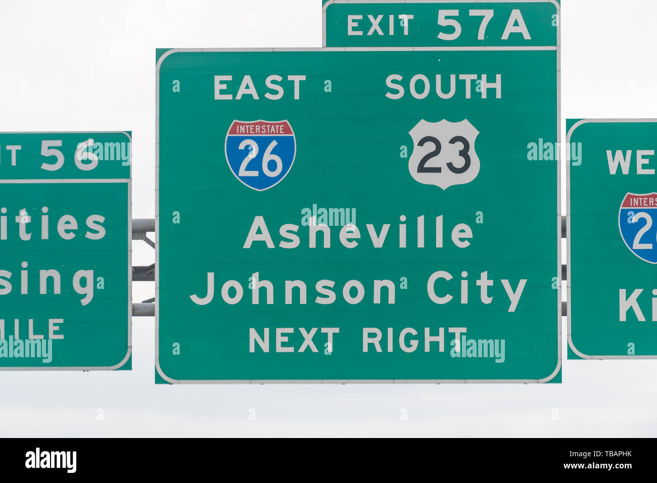 Asheville and Johnson City exit sign on highway in Tennessee on